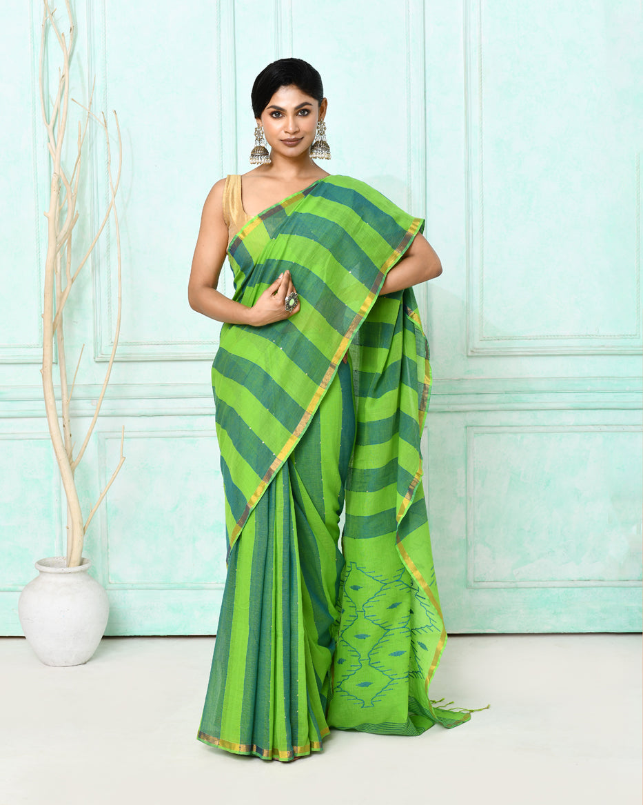 Piyari Fashion Women's Green Cotton Handloom Jamdani Saree With Blouse