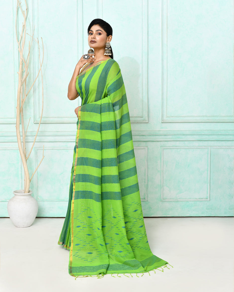 Piyari Fashion Women's Green Cotton Handloom Jamdani Saree With Blouse