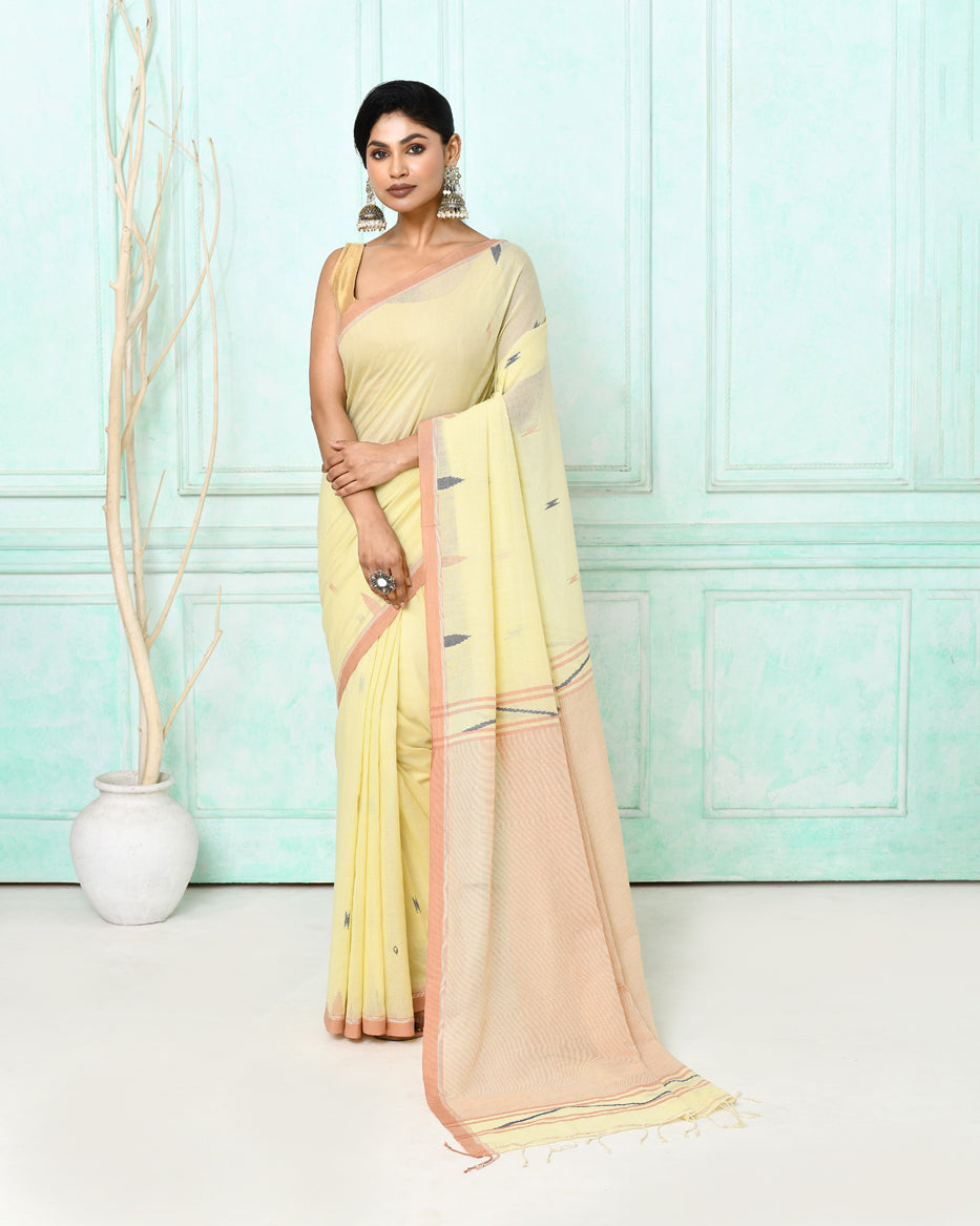 Piyari Fashion Women's Cream Cotton Handloom Jamdani Saree With Blouse