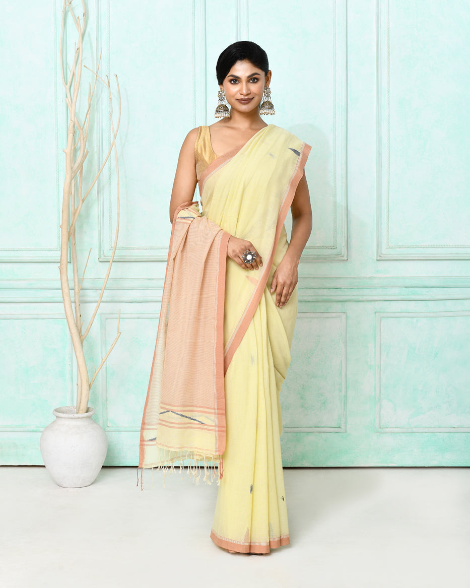 Piyari Fashion Women's Cream Cotton Handloom Jamdani Saree With Blouse