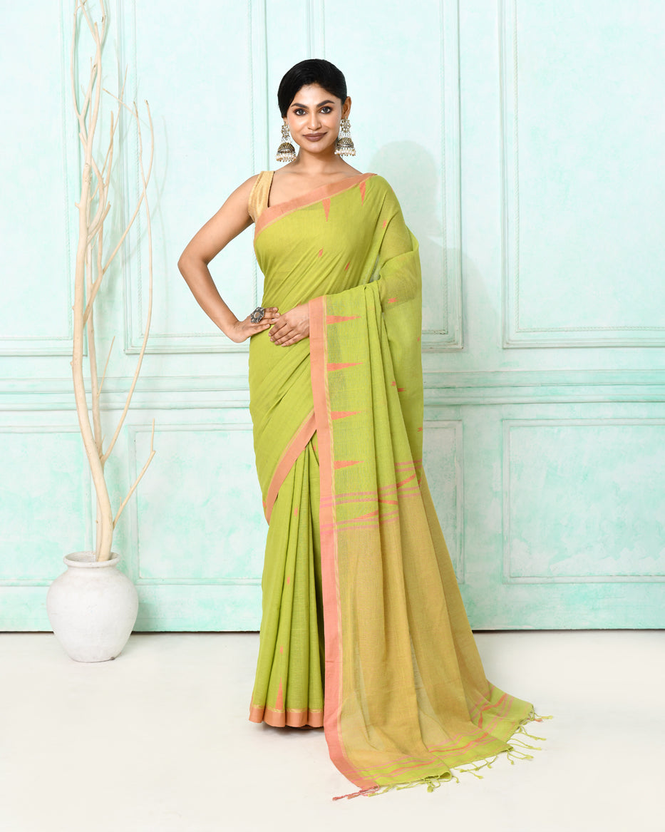 Piyari Fashion Women's Olive Cotton Handloom Jamdani Saree With Blouse