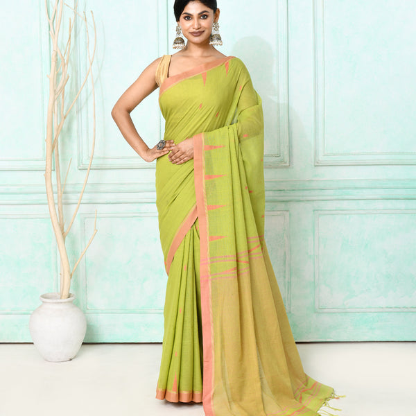 Piyari Fashion Women's Olive Cotton Handloom Jamdani Saree With Blouse
