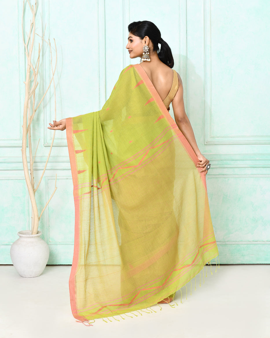 Piyari Fashion Women's Olive Cotton Handloom Jamdani Saree With Blouse