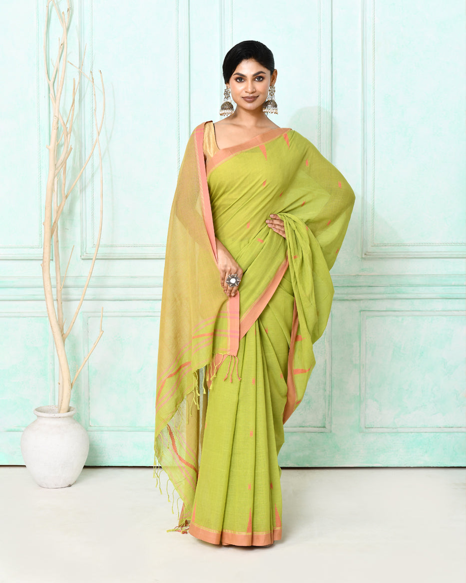 Piyari Fashion Women's Olive Cotton Handloom Jamdani Saree With Blouse