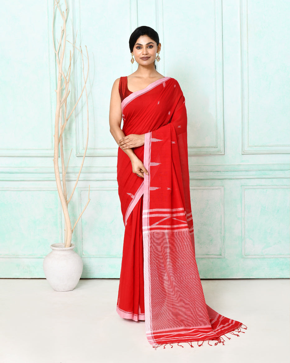 Piyari Fashion Women's Red Cotton Handloom Jamdani Saree With Blouse