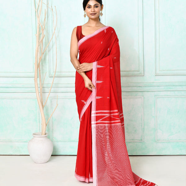 Piyari Fashion Women's Red Cotton Handloom Jamdani Saree With Blouse