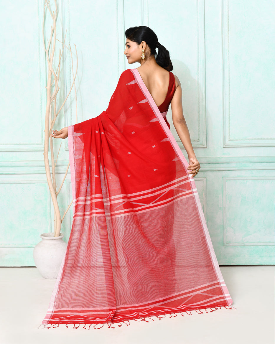Piyari Fashion Women's Red Cotton Handloom Jamdani Saree With Blouse