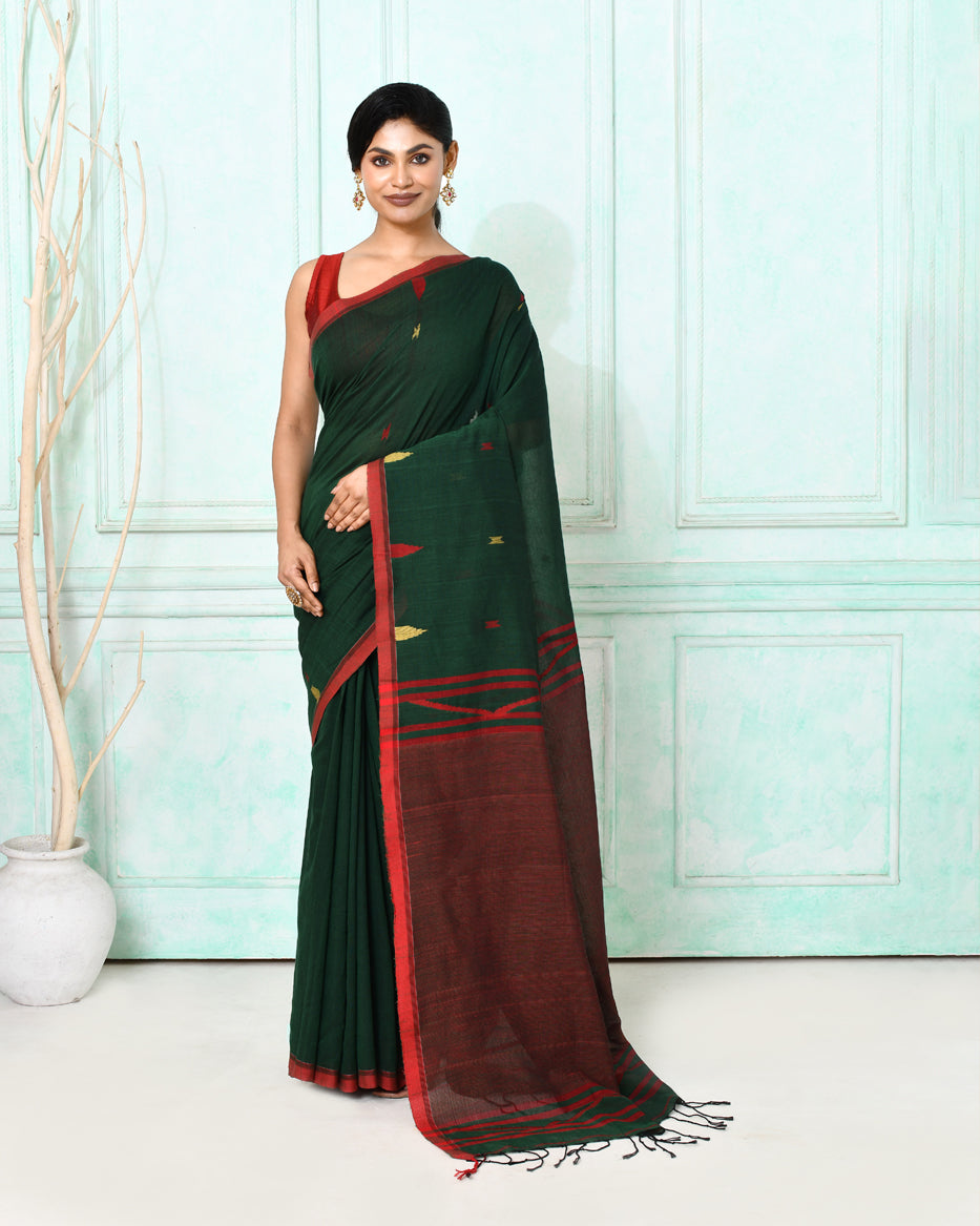 Piyari Fashion Women's Dark Green Cotton Handloom Jamdani Saree With Blouse