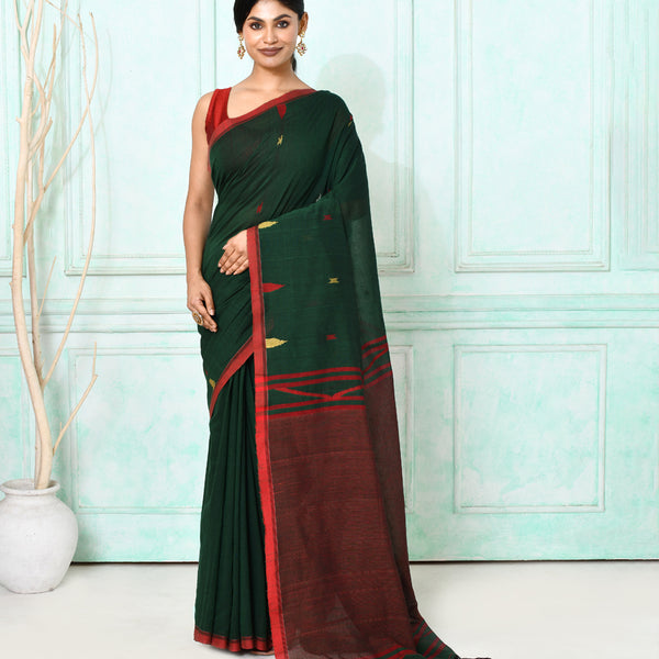 Piyari Fashion Women's Dark Green Cotton Handloom Jamdani Saree With Blouse