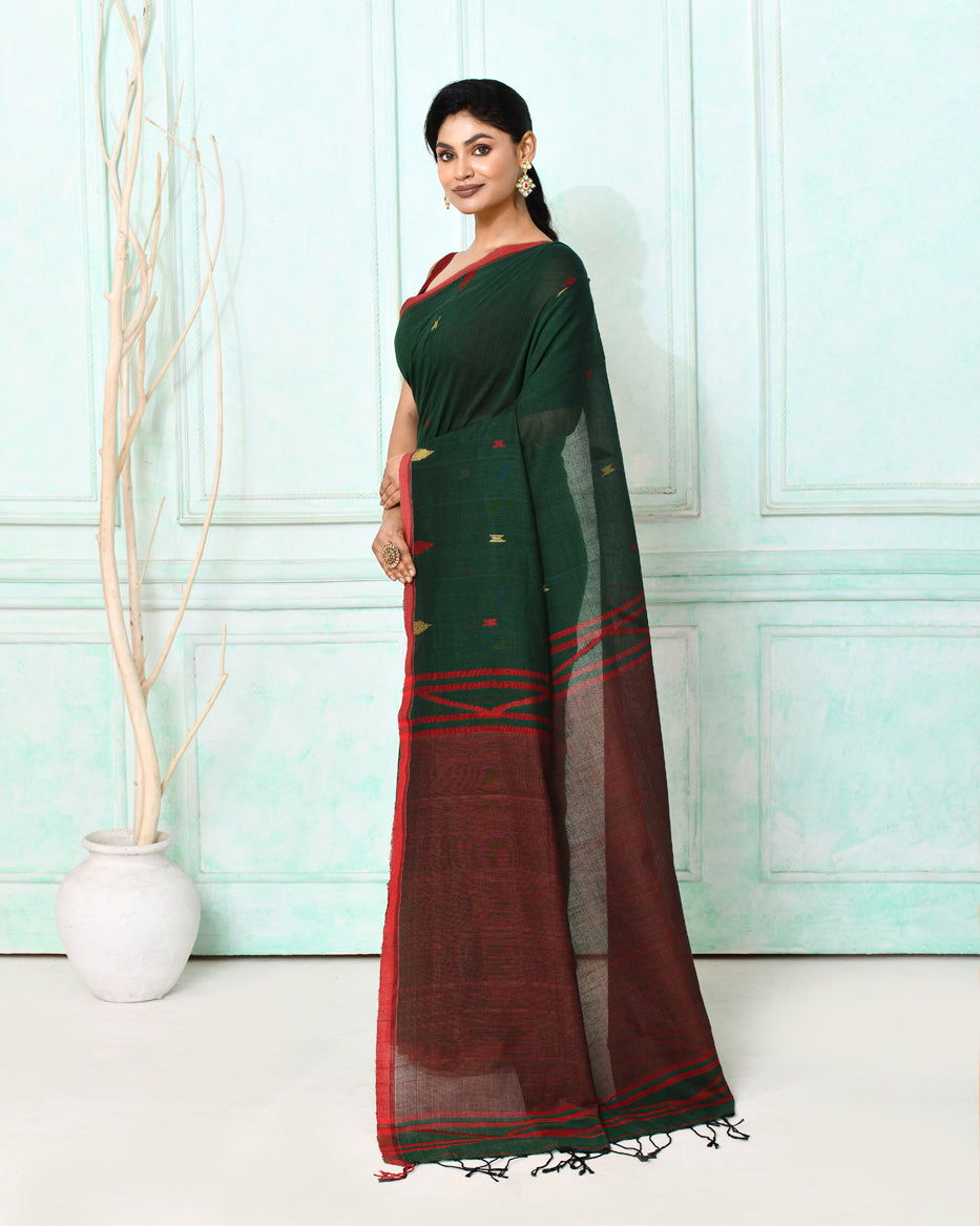 Piyari Fashion Women's Dark Green Cotton Handloom Jamdani Saree With Blouse