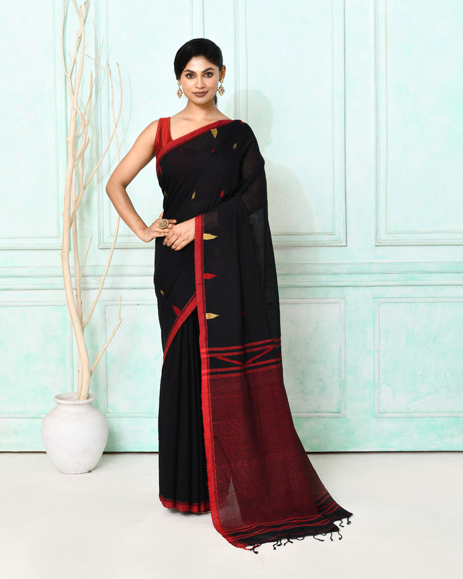 Piyari Fashion Women's Black Cotton Handloom Jamdani Saree With Blouse