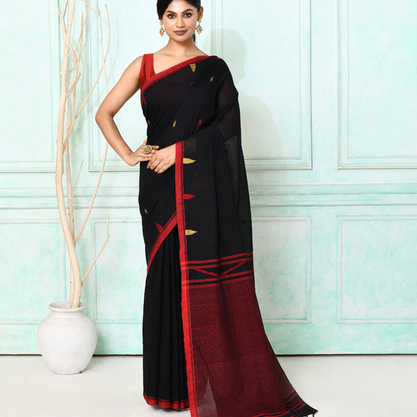 Piyari Fashion Women's Black Cotton Handloom Jamdani Saree With Blouse