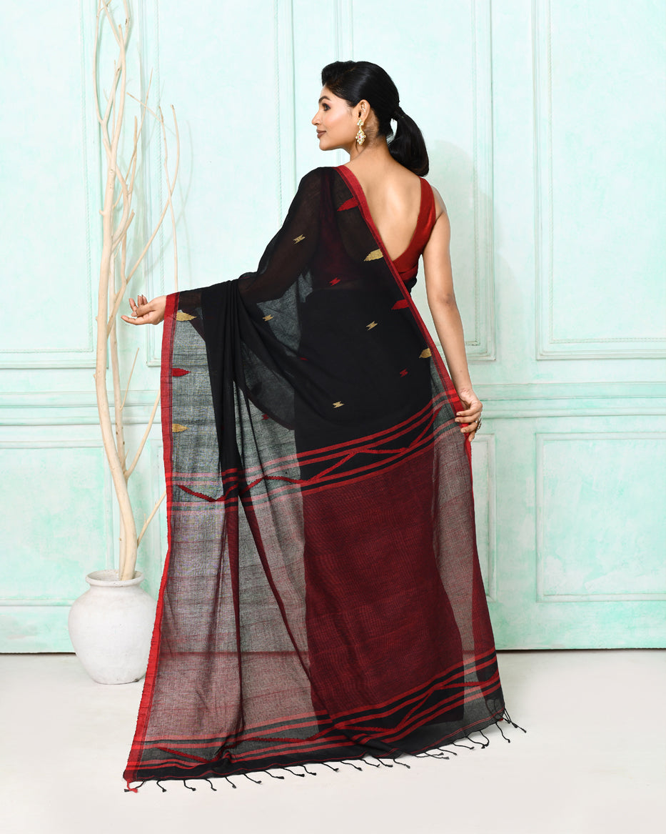 Piyari Fashion Women's Black Cotton Handloom Jamdani Saree With Blouse