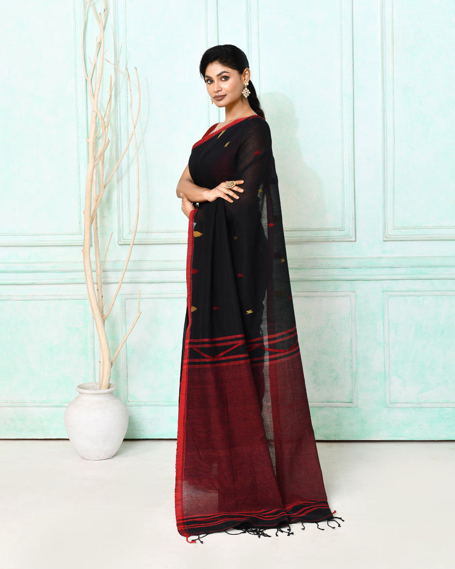Piyari Fashion Women's Black Cotton Handloom Jamdani Saree With Blouse