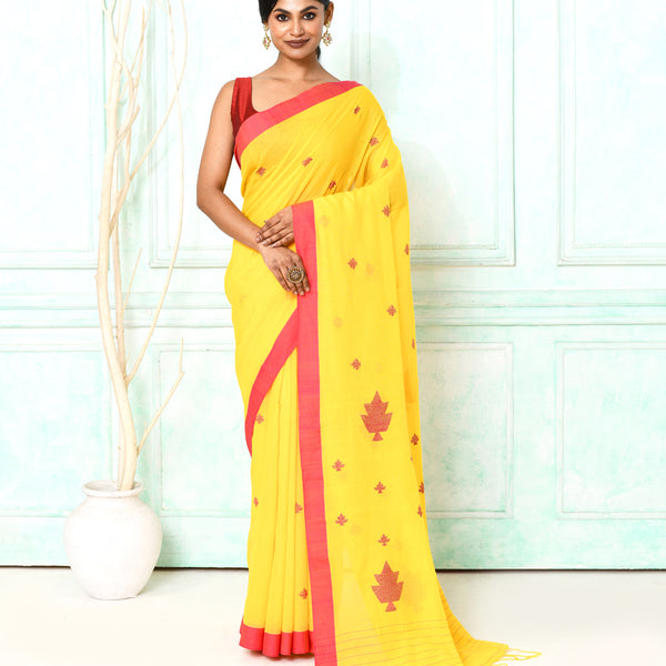 Piyari Fashion Women's Yellow Cotton Handloom Jamdani Saree With Blouse - Distacart