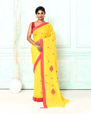 Piyari Fashion Women's Yellow Cotton Handloom Jamdani Saree With Blouse