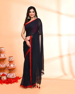 Piyari Fashion Red Border Black Mulmul Cotton Saree With Tassels