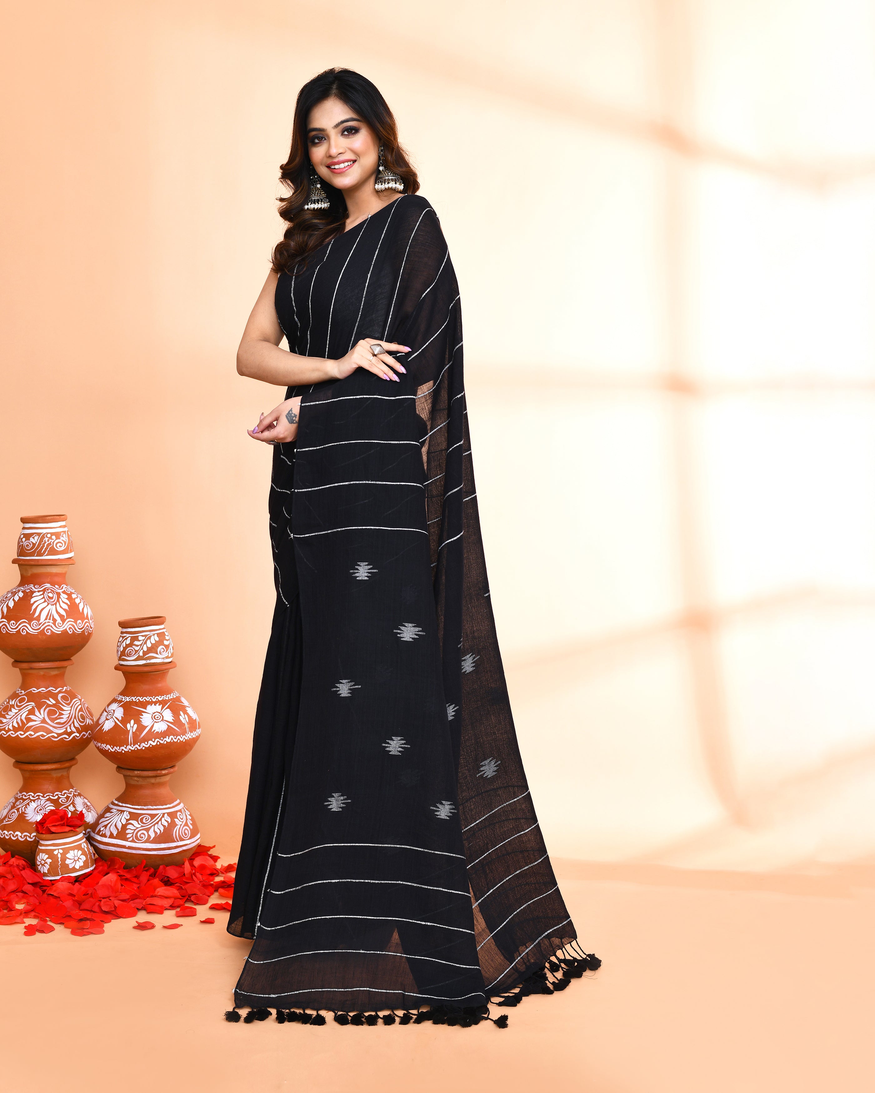 Piyari Fashion Women`s Black Hand Work Cotton Jamdani Saree With Blouse