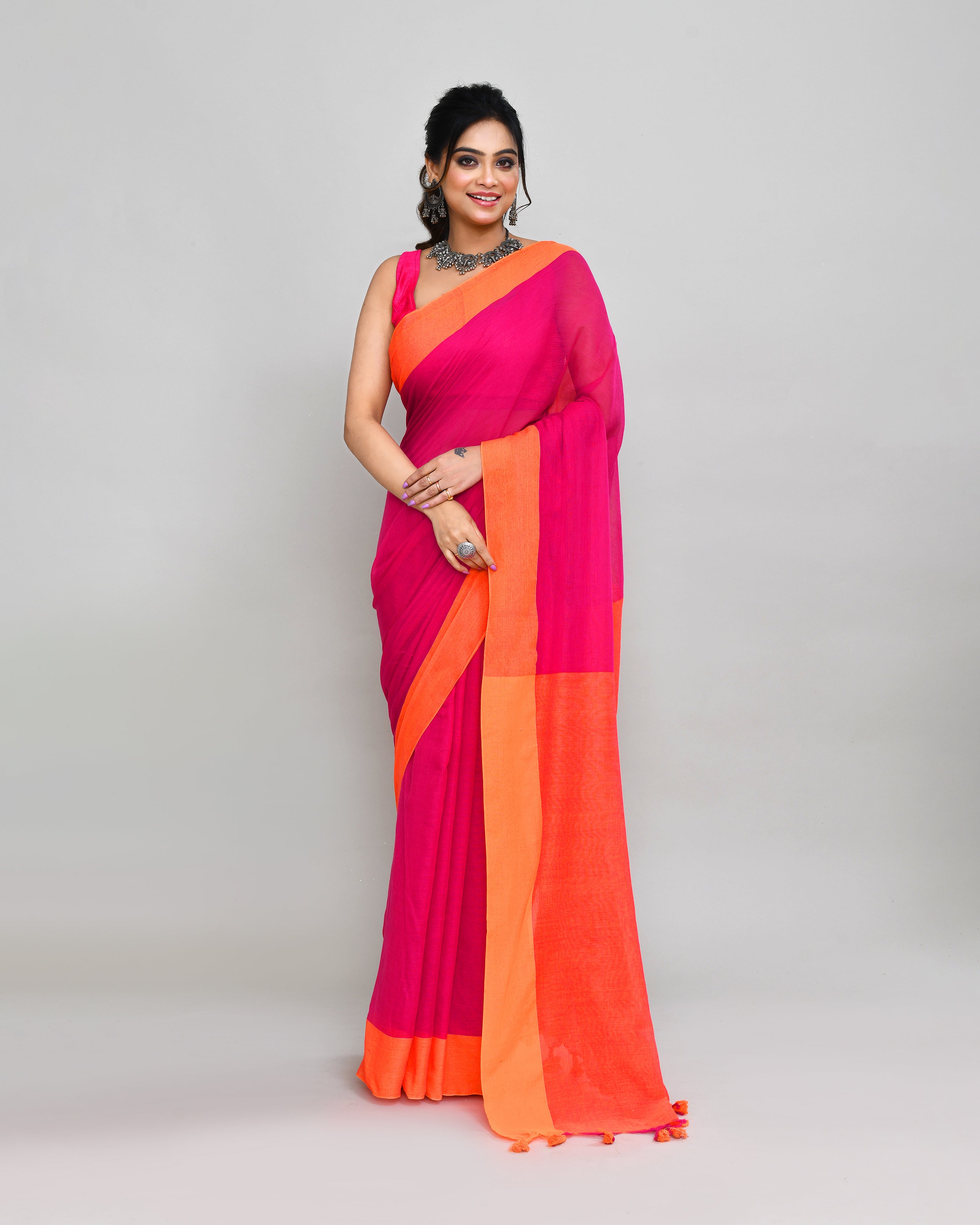 Piyari Fashion Orange Border Rani Pink Cotton Saree With Tassels