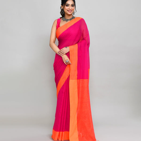 Piyari Fashion Orange Border Rani Pink Cotton Saree With Tassels - Distacart
