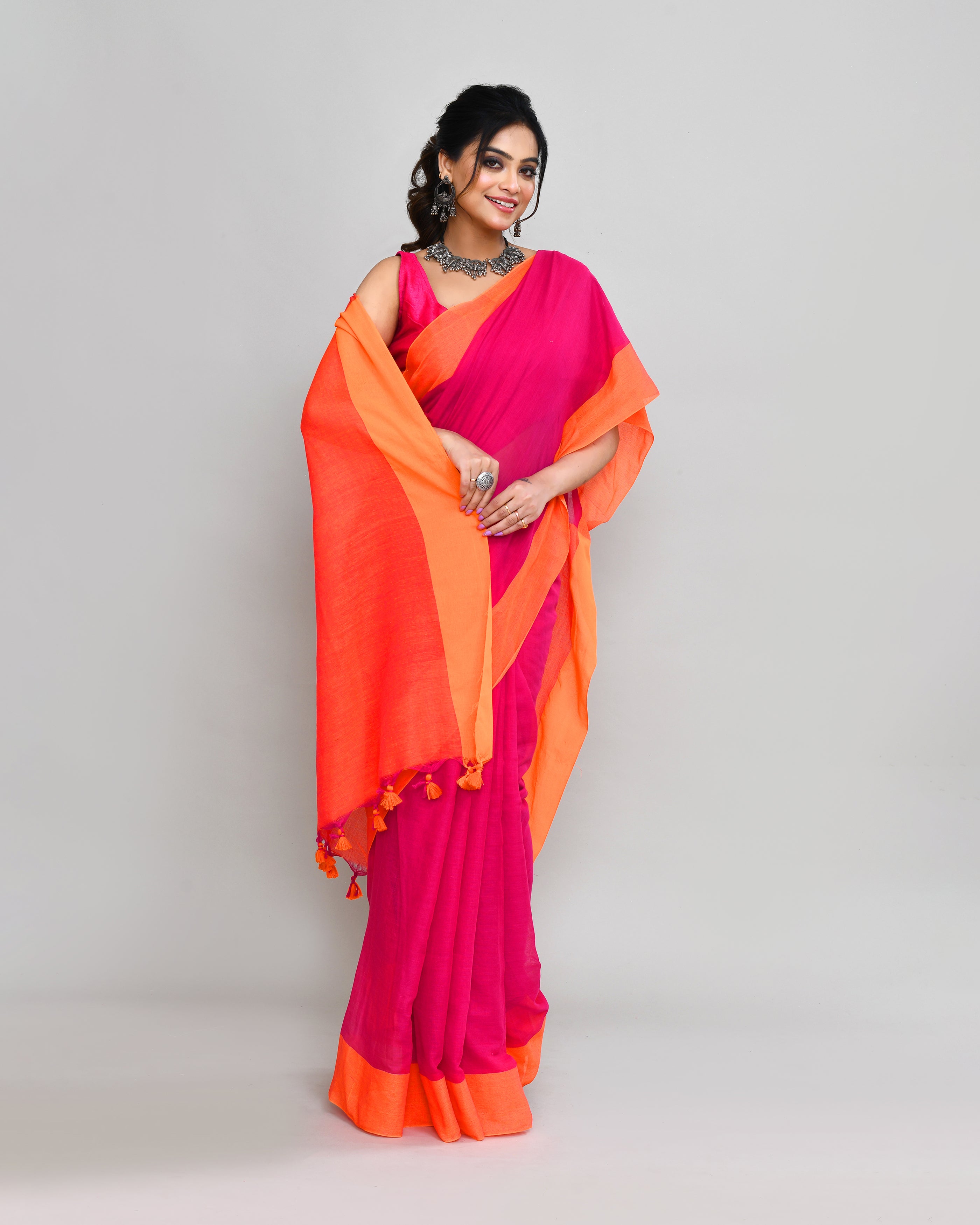 Piyari Fashion Orange Border Rani Pink Cotton Saree With Tassels