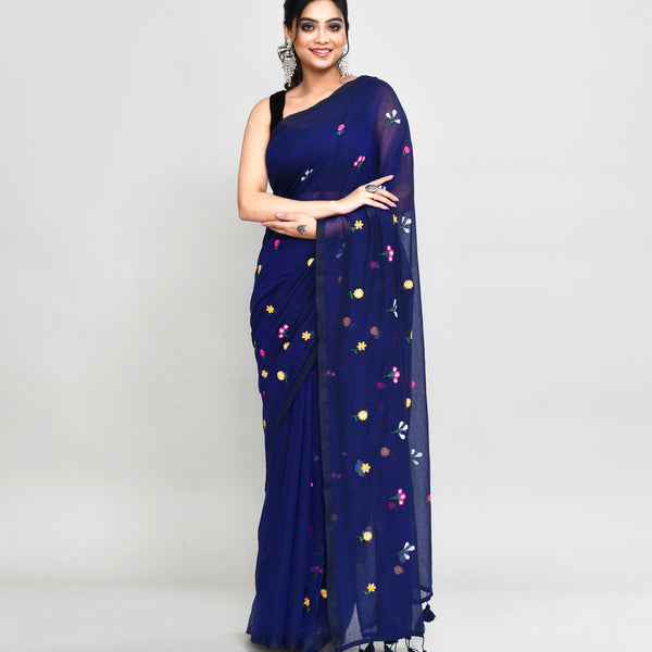 Piyari Fashion Women's Blue Exclusive Embroidery Saree With Tassels - Distacart