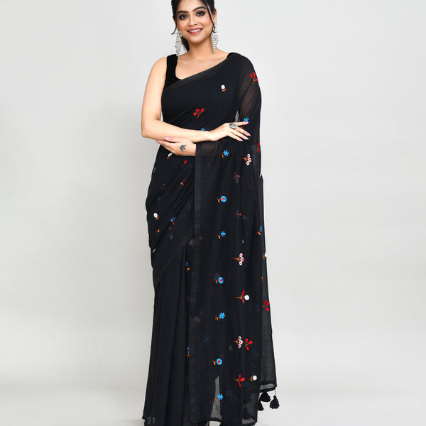 Piyari Fashion Women's Black Exclusive Embroidery Saree With Tassels - Distacart