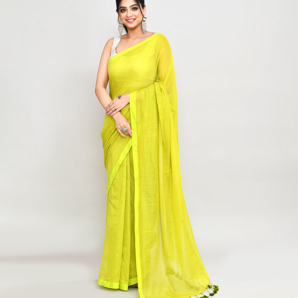 Piyari Fashion Woven's Lime Mulmul Cotton Saree With Tassels - Distacart