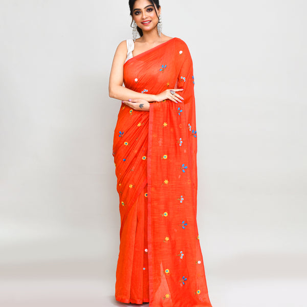 Piyari Fashion Women's Orange Red Dual Tone Exclusive Embroidery Saree With Tassels - Distacart