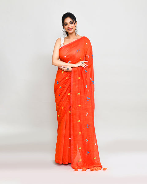 Piyari Fashion Women's Orange Red Dual Tone Exclusive Embroidery Saree With Tassels