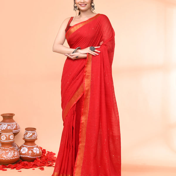 Piyari Fashion Women`s Cotton Handloom Red Sequin Saree With Blouse - Distacart