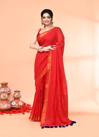 Piyari Fashion Women`s Cotton Handloom Red Sequin Saree With Blouse
