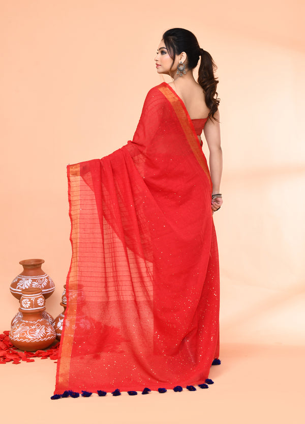 Piyari Fashion Women`s Cotton Handloom Red Sequin Saree With Blouse