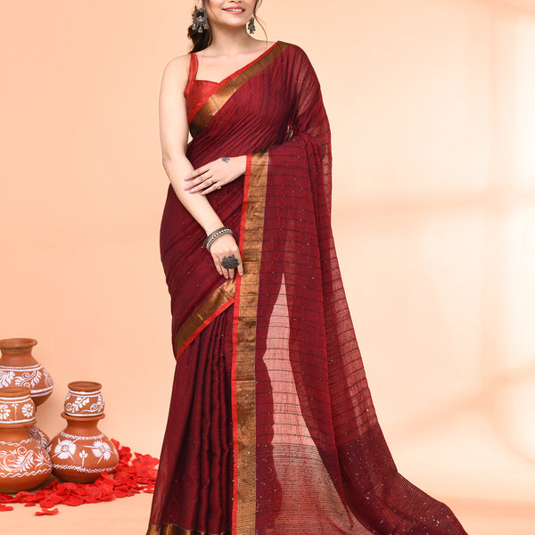 Piyari Fashion Women`s Cotton Handloom Maroon Sequin Saree With Blouse - Distacart