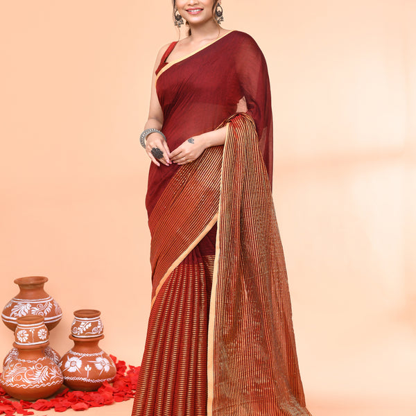 Piyari Fashion Women`s Maroon Cotton Handloom Saree With Gold Zari Stripes - Distacart