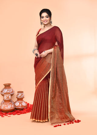 Piyari Fashion Women`s Maroon Cotton Handloom Saree With Gold Zari Stripes