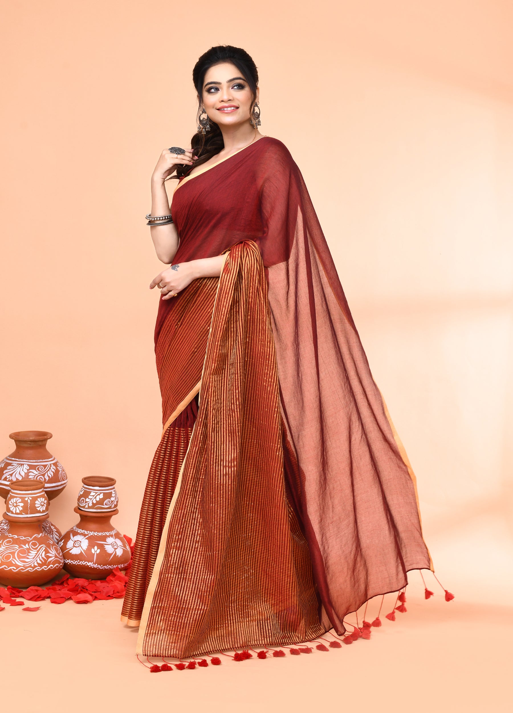 Piyari Fashion Women`s Maroon Cotton Handloom Saree With Gold Zari Stripes