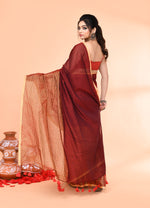 Thumbnail for Piyari Fashion Women`s Maroon Cotton Handloom Saree With Gold Zari Stripes