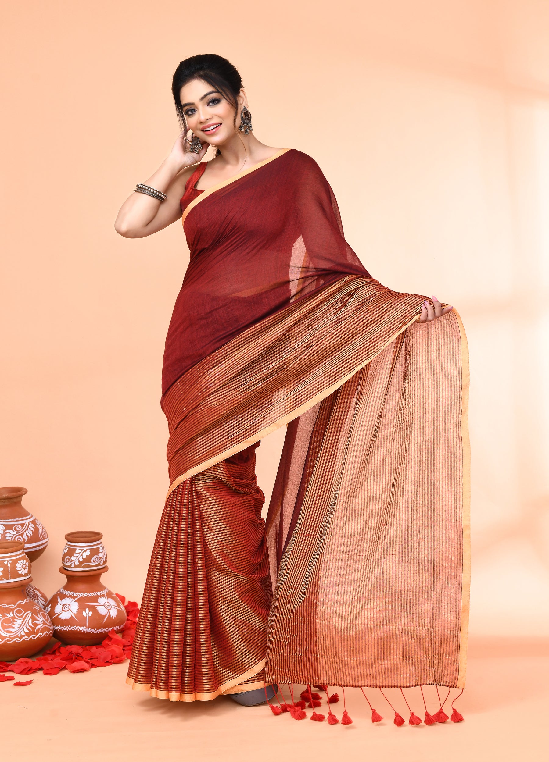 Piyari Fashion Women`s Maroon Cotton Handloom Saree With Gold Zari Stripes
