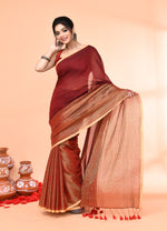 Thumbnail for Piyari Fashion Women`s Maroon Cotton Handloom Saree With Gold Zari Stripes