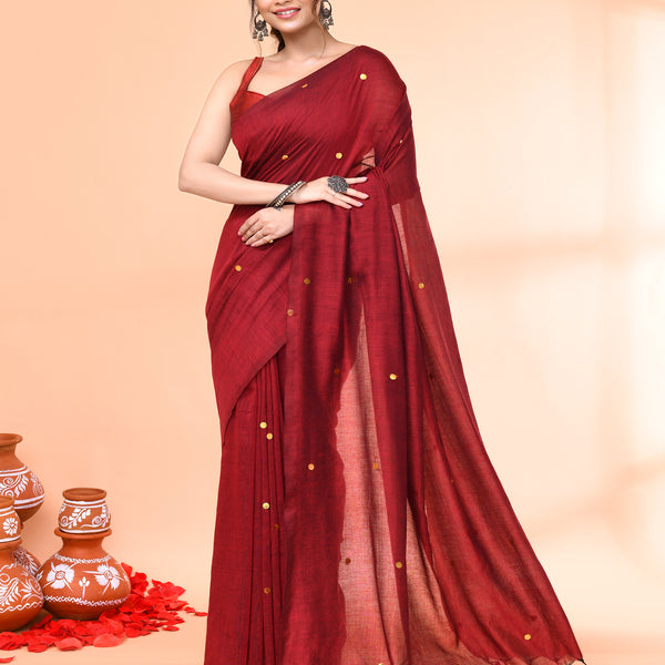 Piyari Fashion Women`s Cotton Handloom Maroon Sequin Saree With Blouse - Distacart