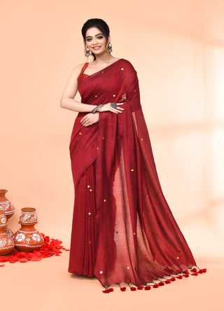 Piyari Fashion Women`s Cotton Handloom Maroon Sequin Saree With Blouse