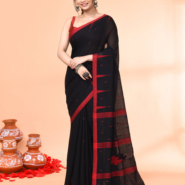 Piyari Fashion Women`s Black Mul Cotton Handloom Jamdani Saree With Blouse - Distacart