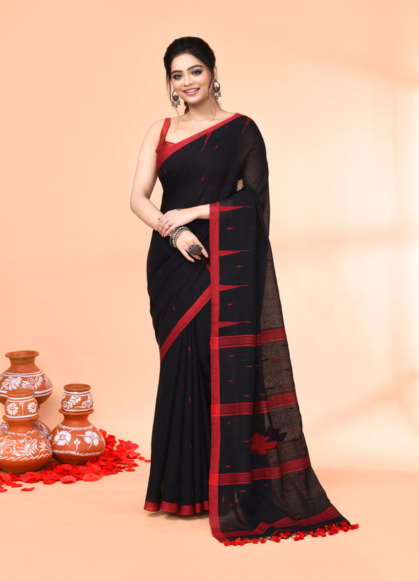 Piyari Fashion Women`s Black Mul Cotton Handloom Jamdani Saree With Blouse