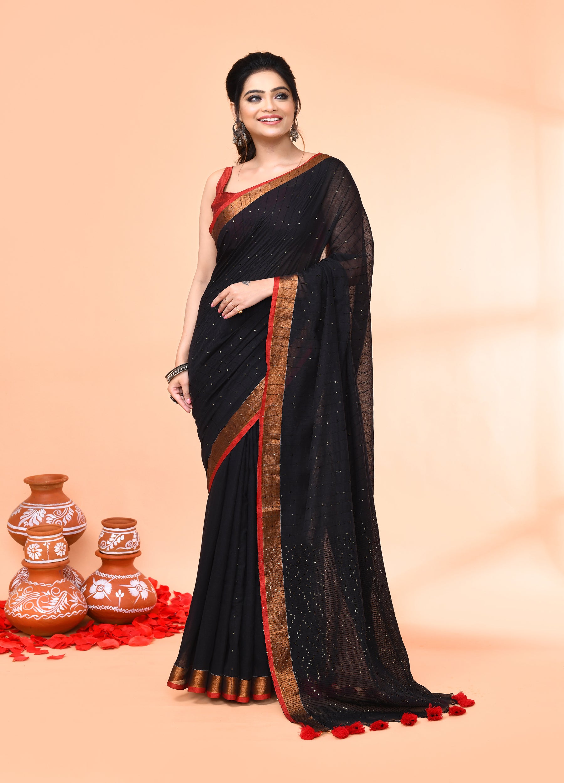 Piyari Fashion Women`s Cotton Handloom Black Sequin Saree With Blouse