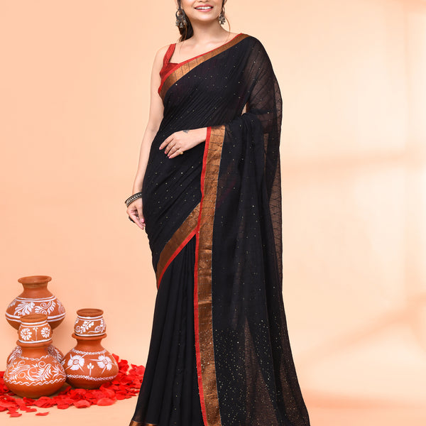 Piyari Fashion Women`s Cotton Handloom Black Sequin Saree With Blouse - Distacart