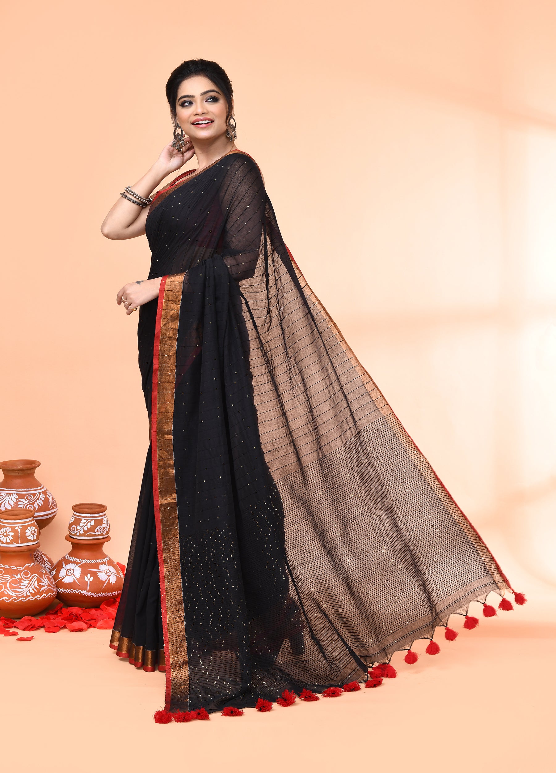 Piyari Fashion Women`s Cotton Handloom Black Sequin Saree With Blouse