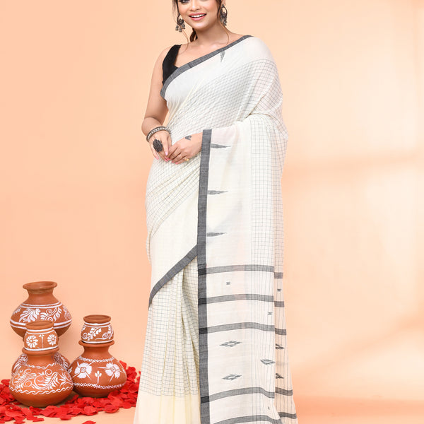 Piyari Fashion Women`s Off White Mul Cotton Handloom Jamdani Saree With Blouse - Distacart