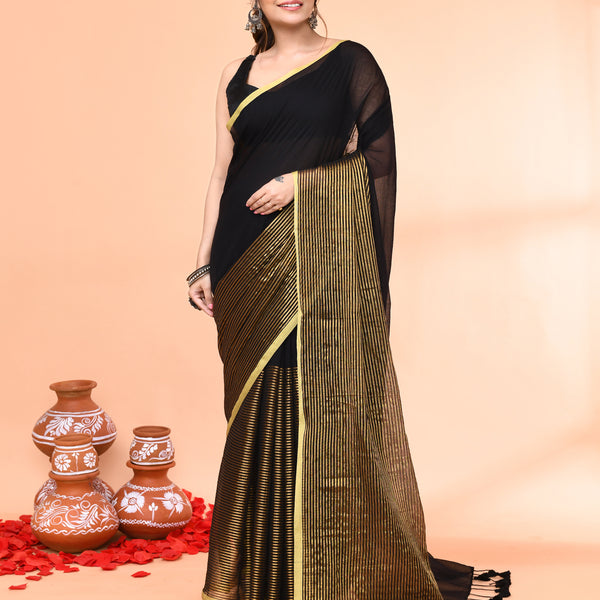 Piyari Fashion Women`s Black Cotton Handloom Saree With Gold Zari Stripes - Distacart