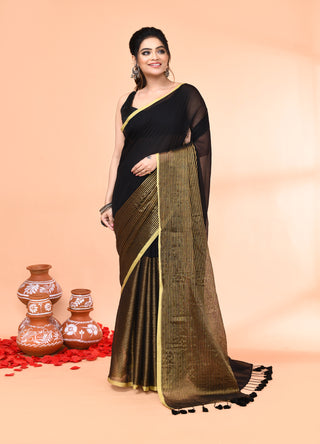 Piyari Fashion Women`s Black Cotton Handloom Saree With Gold Zari Stripes